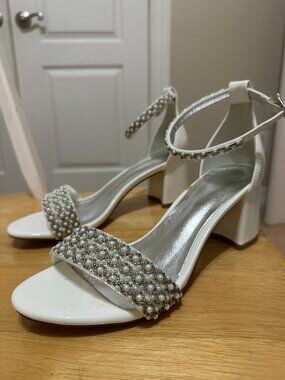 Block Heels Pearls Wedding Sandals Open Toe Ankle Strap Evening Party Shoe